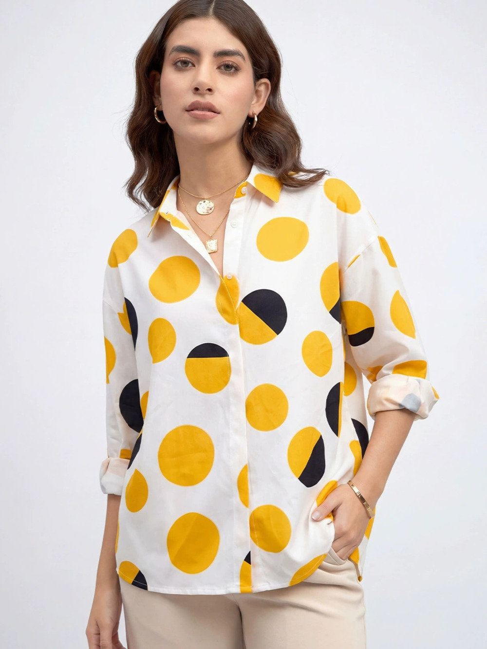 ZARA 建议英文标题：Womens Fashion Polka Dot Long Sleeve Cardigan Blouse